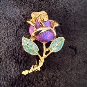 Vintage Purple Green Enamel Rose Flower Brooch